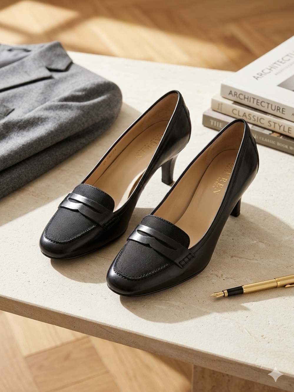 Lauren Ralph Lauren Black Leather Penny Loafer Pumps Kitten Heels Sz 7.5